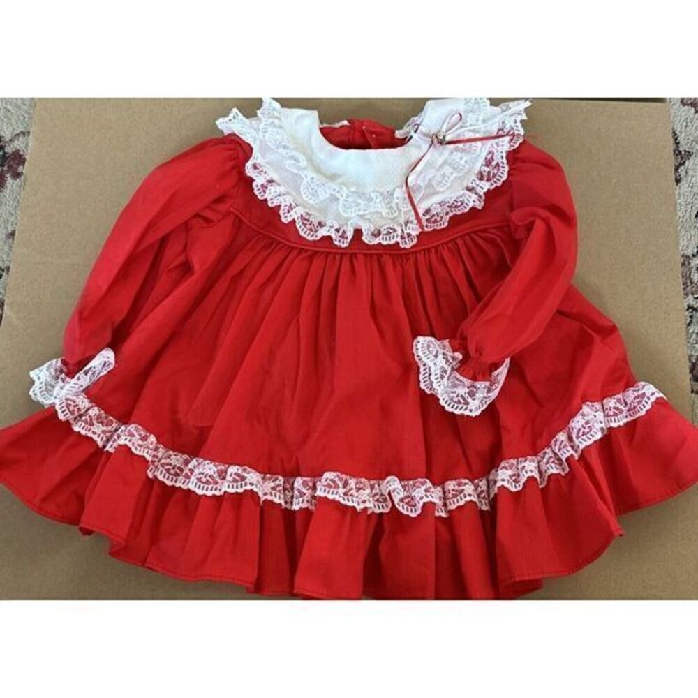 Bryan Red Floral Lace Dress Lace Made in USA 1980s Vintage‎ Size 18 Months